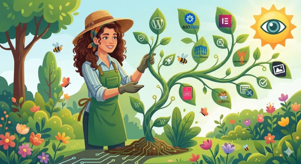 10 extensions WordPress indispensables pour le SEO 1 Illustration d'une jardinière prenant soin d'une plante dont les feuilles arborent des logos d'extensions WordPress populaires comme Elementor, WP Rocket et Wordfence.