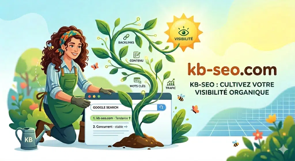 llustration d'une experte SEO cultivant une plante numérique symbolisant la croissance organique et la visibilité sur Google - KB SEO.
