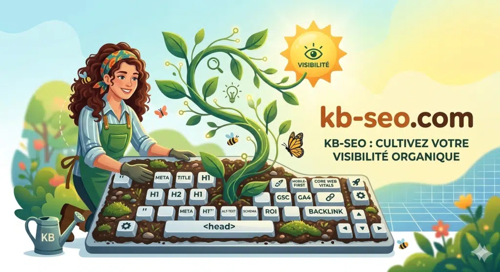 Expertise SEO Stratégique : Faites fructifier votre présence en 2026 1 une plante qui pousse dans un clavier qui a des touches H1, backlink