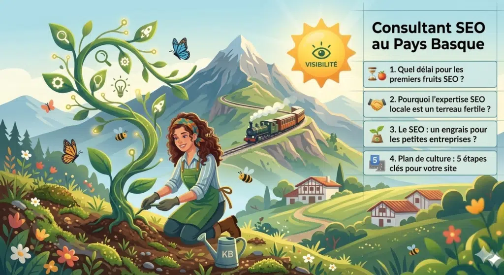 Consultant SEO Pays Basque : 5 clĂ©s INDISPENSABLE pour votre site đż 1 Consultant SEO au Pays Basque illustrĂ© par une jardiniĂšre soignant une plante en forme de croissance devant le sommet de La Rhune et son petit train.