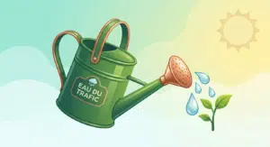 Un arrosoir avec comme indication "eau du trafic" qui verse de l'eau sur une plante
