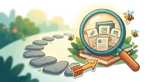 Expertise SEO Stratégique : Faites fructifier votre présence en 2026 2 Un parterre de pierre, avec une loupe qui zoom sur des feuilles de backlink, mots clés. Une flèche indique un lien a cliquer