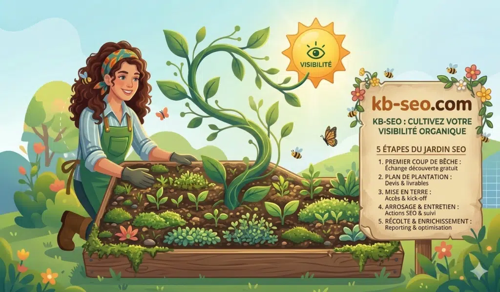 Accompagnement et Stratégie SEO sur mesure 1 Une illustration dans un style bande dessinée montre une femme aux cheveux longs et bouclés et à la peau mate portant un bandeau floral sur la tête et un tablier de jardinage vert. Elle s'agenouille à côté d'une jardinière en bois contenant une grande plante grimpante avec des feuilles vertes. Des papillons, des abeilles et d'autres fleurs sont dispersés autour d'elle et de la jardinière. En arrière-plan se trouve une colline verte sous un ciel bleu ensoleillé. Le soleil est dessiné avec un œil stylized et le mot « VISIBILITÉ » est écrit en dessous.
À droite de l'illustration se trouve un panneau de parchemin texturé avec l'inscription « kb-seo.com » et « KB-SEO : CULTIVEZ VOTRE VISIBILITÉ ORGANIQUE ». Le panneau répertorie également cinq étapes intitulées « 5 ÉTAPES DU JARDIN SEO » :
PREMIER COUP DE BÊCHE : Échange découverte gratuit
PLAN DE PLANTATION : Devis & livrables
MISE EN TERRE : Accès & kick-off
ARROSAGE & ENTRETIEN : Actions SEO & suivi
RÉCOLTE & ENRICHISSEMENT : Reporting & optimisation
