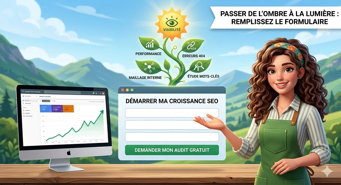 Illustration réaliste de la consultante KB-SEO au Pays Basque, présentant un formulaire de contact numérique sur un bureau en bois. À gauche, un écran iMac affiche les graphiques de progression de la Google Search Console. Au centre, une plante stylisée symbolisant la croissance SEO porte des icônes sur la performance, le maillage interne, les erreurs 404 et l'étude de mots-clés, surmontée d'un soleil 'Visibilité'. En arrière-plan, les montagnes du BAB sous un ciel radieux.