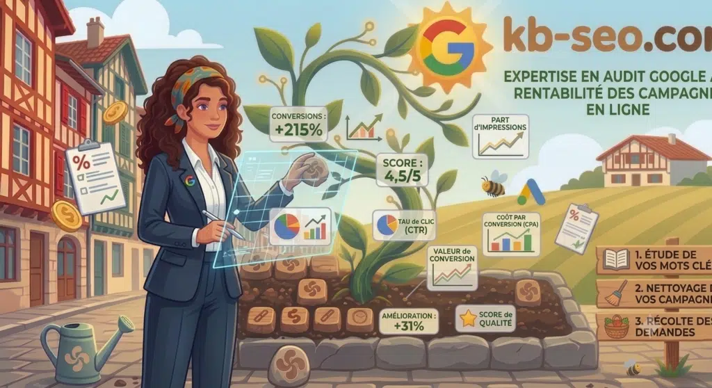 Consultante experte en audit Google Ads analysant les performances publicitaires d'un site web représentées sous forme de plantes et de légumes dans un potager.